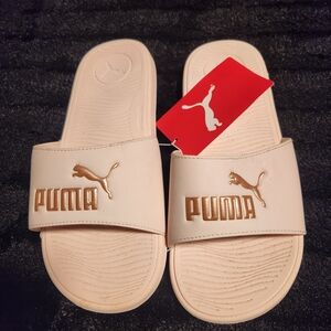 Puma Cream Slides with Gold Logo